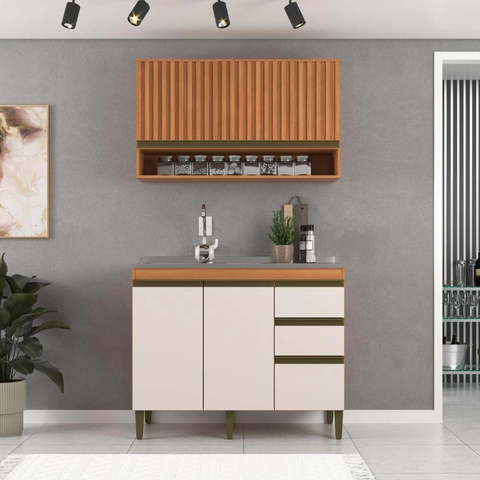 Cozinha Modulada Cecília 120cm 3 Portas 3 Gavetas Freijó/Off White - J Carvalho