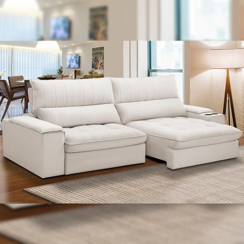 Sofá Retrátil Reclinável para Sala de Estar Living 280cm Nápoles F04 Bouclê Off White - Lyam Decor