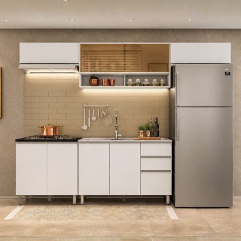 Cozinha Modulada Evidence 5 Peças com Aéreo de Vidro Reflex e Balcão de 120cm para Pia Poliman Móvei