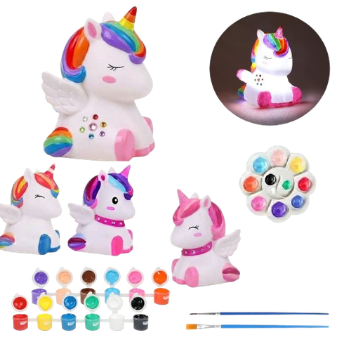 Luminária Unicórnio Abajur LED Infantil para Pintar Kit Pintura Tinta Guache Pincel Paleta