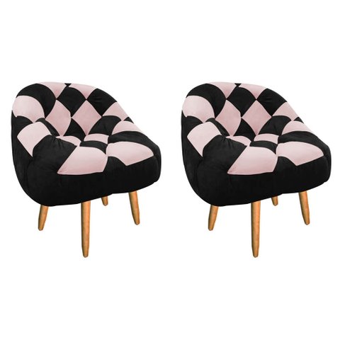 Kit 02 Poltrona Paloma Escritório Sala Pé Palito Suede Preto e Suede Rosa Bebê - Dominic Decor