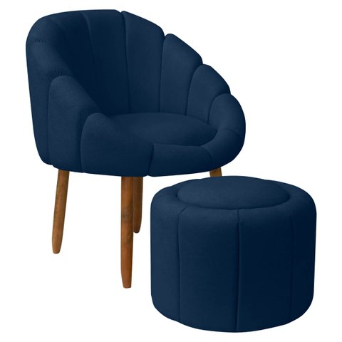 Kit Poltrona Decorativa Orgânica com Puff Flora Fixa Bouclê - Sofa Store:bouclê Azul Marinho