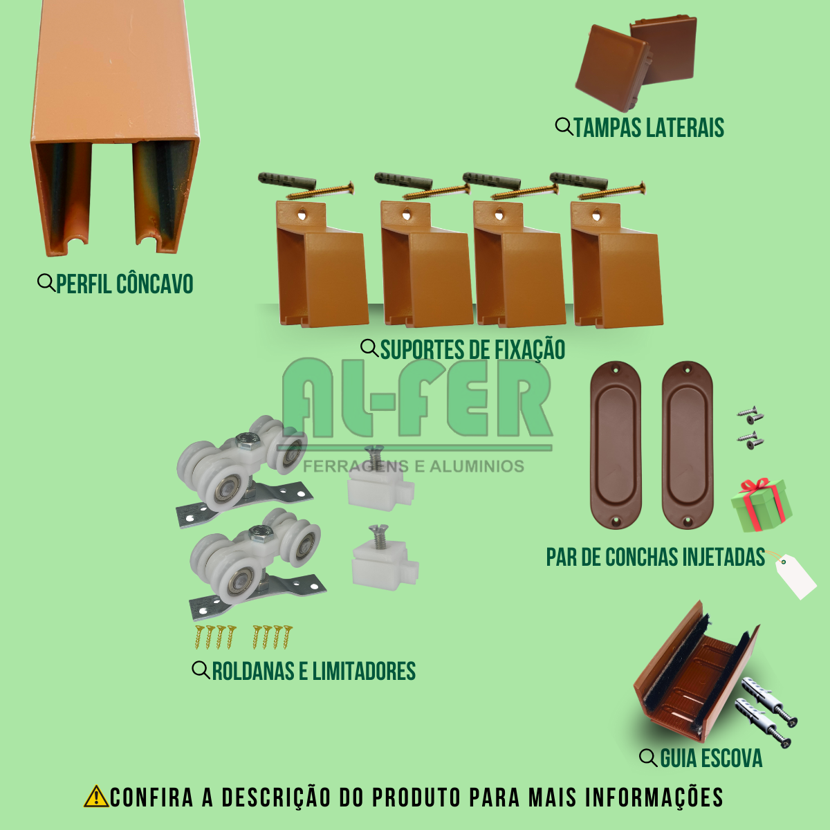 Kit Prático para Porta de Correr 70cm Trilho Cereja - 1,40m + 1 Par de Concha - 3