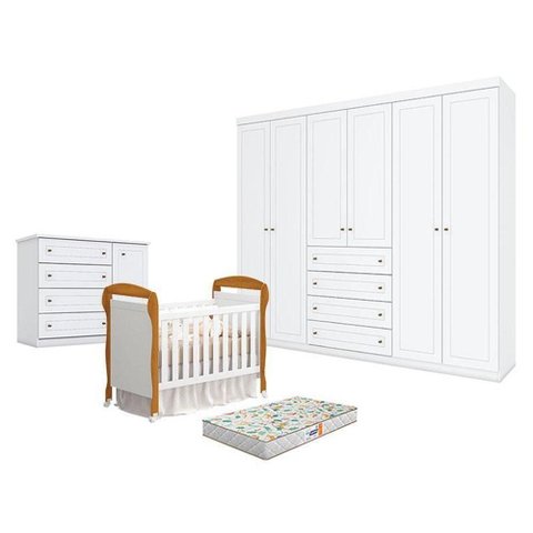 Quarto de Bebê Americano 6PORTAS com Berço Danny Branco Acetinado Savana Reller e Colchão Gazin-
