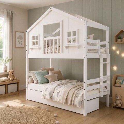 Beliche Infantil Casinha Dos Sonhos com Varanda 2 Gavetas Madeira Maciça Branco Megamobília