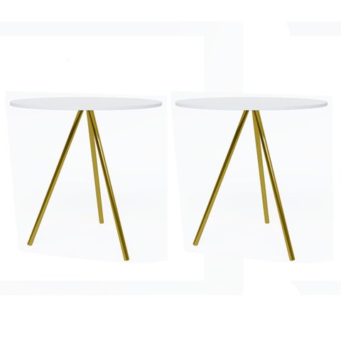 Kit 2 Mesas Lateral Decorativa Gabriela Base Dourada Tampo Redondo Branco