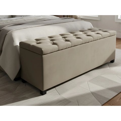 Puf Baú Estofado Tamanho King 190x40x45cm na Cor Bege Alta Capacidade de Armazenagem