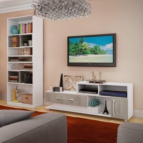 Sala de Estar Completa com Rack para TV até 45 Polegadas e Estante Espresso Móveis Bege
