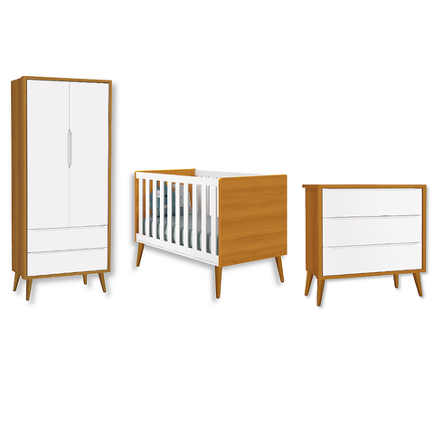 Quarto de Bebê Berço + Cômoda + Guarda Roupa Retrô Savana Theo