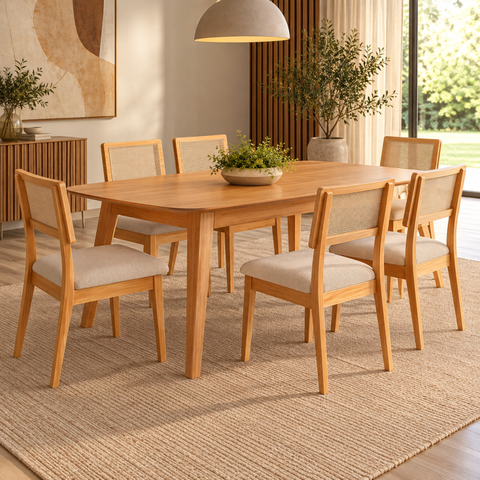 Kit Conjunto Sala de Jantar Mesa Retrô Retangular 180 cm 6 Cadeiras Estofadas MDF Carvalho Rose/ Ces
