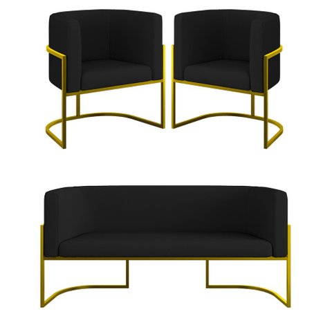 Kit 2 Poltronas + Sofá 2 Lugares Base de Metal Gold Corino Cor:preto