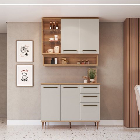 Cozinha Compacta Modulada 4 Peças com Tampo 1,20m e Nicho Decorativo Isabelle Bege/Freijó/Arenas