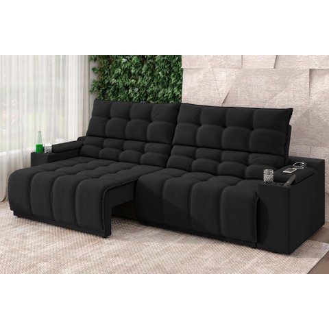 Sofá Connect Premium 2,00m Assento Retrátil e Reclinável com Porta Copos e Entrada USB Suede Preto
