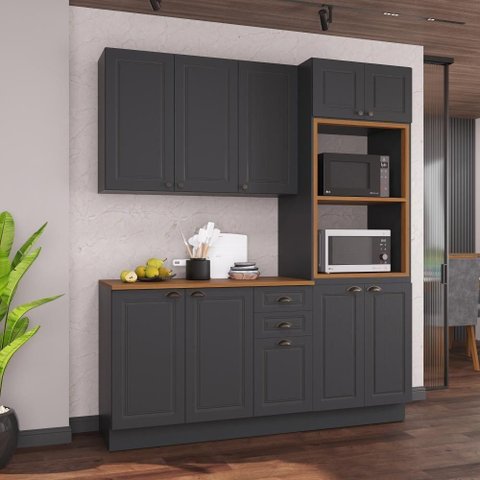 Armário de Cozinha Modulada Compacta Nara 10 Portas 100% MDF 190cm Chumbo Fidelita Móveis 3 Peças