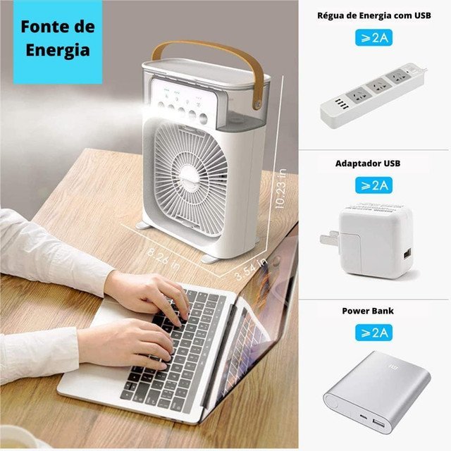 Ventilador Portátil com Iluminação Umidificador Climatizador com Led Portátil - 3 Velocidades - 8