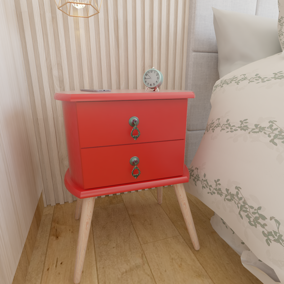 Ver imagem 6 de Kit 2 Mesas de Cabeceira Gavetas Retrô Pés Palitos Madeira:vermelho