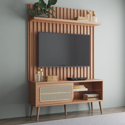 Kit Rack com Painel para Tv com Fita Led e Tela Palhinha 139cm 100% Mdf Tb324f Dalla Costa-freijó