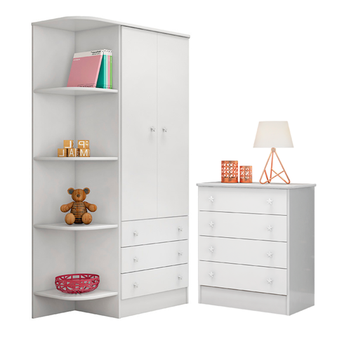 Cômoda com 4 Gavetas e Roupeiro Amesterdã Branco Branco