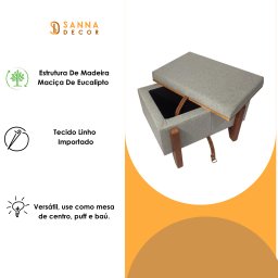 Puff Baú Retangular Linho Claro Cinza 60x40 Cm Organizador - 7