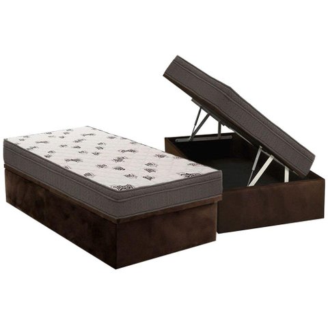 Cama Box Baú Solteiro: Colchão Espuma Ortobom D45 Light + Base CRC Suede Brown(88x188)