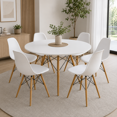 Conjunto de Mesa Eames Eiffel Redonda 120cm Branco + 6 Cadeiras Brancas