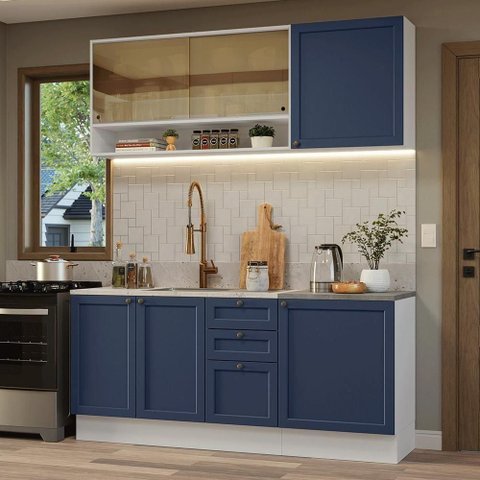 Armário de Cozinha Compacta 180 Cm Branco-azul Vik Madesa 04 Branco-azul