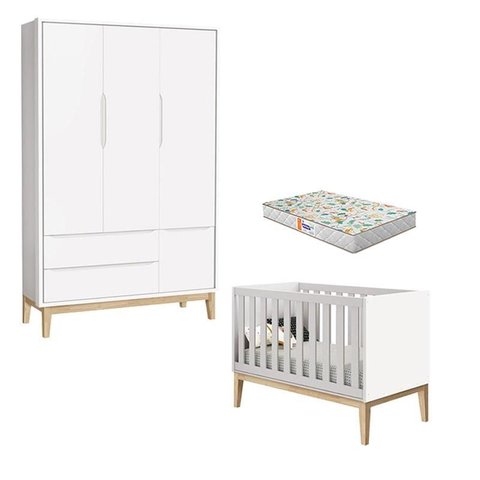 Berço Americano e Guarda Roupa 3 Portas New Classic Branco com Pés Madeira Natural e Colchão Gazin –