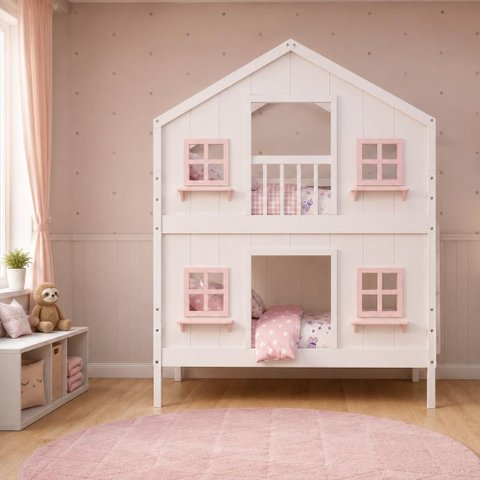 Beliche Infantil Casinha Dos Sonhos com Fechamento Inferior em Madeira Maciça Branco/Rosa