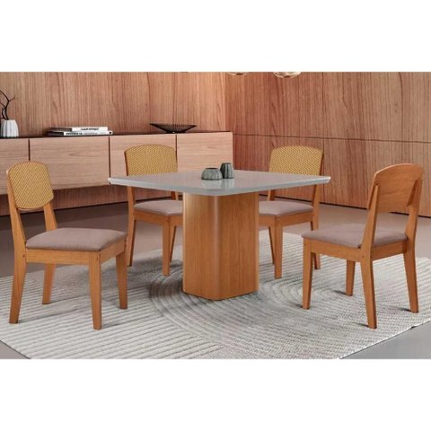 Conjunto: Mesa de Cozinha Maldivas Tampo c/ Vidro Curvo 90cm+4 Cadeiras Havana Naturale/Off White -