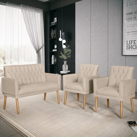 Kit Lauren Namoradeira para Sala + 2 Poltronas Decorativas Bege