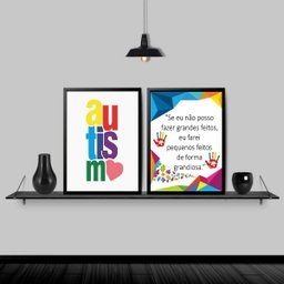 Kit 2 Quadros Frase Reflexão Autismo 24x18cm:Madeira preta - 2