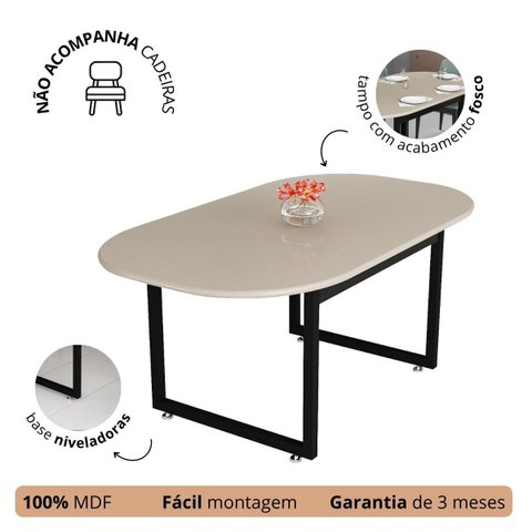 Mesa de Jantar para 6 Cadeiras Tampo Oval em Mdf Base de Ferro Preta Estilo Industrial:off White