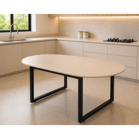 Mesa de Jantar para 6 Cadeiras Tampo Oval em Mdf Base de Ferro Preta Estilo Industrial:off White
