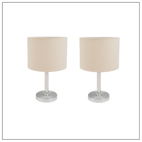 kit 02 Abajur Quarto Pé Escovado Alumínio Cúpula tecido Algodão Crú