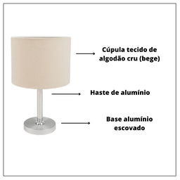 kit 02 Abajur Quarto Pé Escovado Alumínio Cúpula tecido Algodão Crú - 5