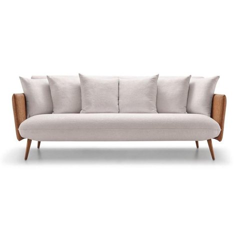 Sofá Gante 3 Lugares Assento Linho Branco Braços Couro Marrom Base Madeira Amêndoa 258cm - 62506