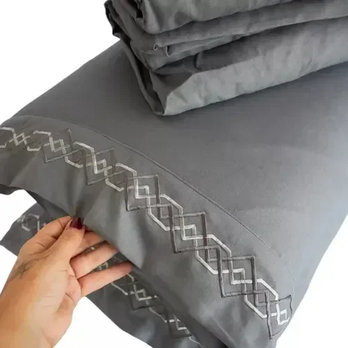 Jogo de Lençol 3000 Fios Premium Algodão Bordado na Fronha - Cinza Escuro