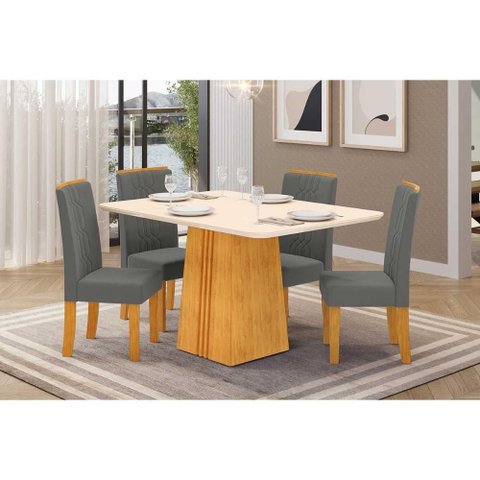 Sala de Jantar Completa Italia C/ Tampo Madeirado C/ Vidro 120x90cm e 4 Cadeiras Zoe Freijo/off