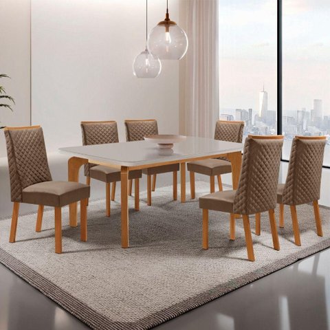 Mesa de Jantar Liz 6 Lugares Retangular Vidro 180cm Off White Moderna
