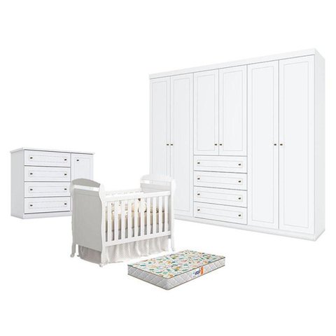 Quarto de Bebê Americano 6 Portas com Berço Danny Branco Acetinado Reller e Colchão Gazin - Henn.
