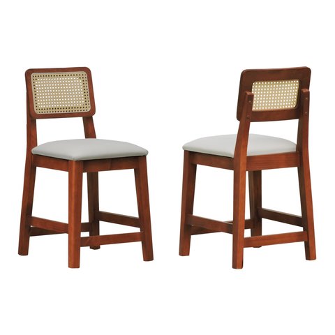 Kit 2 Banqueta Baixa/Cadeiras Gabi Encosto Telinha Natural Assento Estofado - Amêndoa Corano Bruma