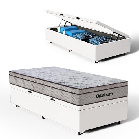 Cama Box Baú com Colchão Ortobom de Molas Ensacadas Pillow In Pro Vida Solteiro 88cm