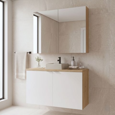 Conjunto Gabinete de Banheiro com Cuba e Espelheira em MDF Suspenso 110cm Nature Carvalho/Branco