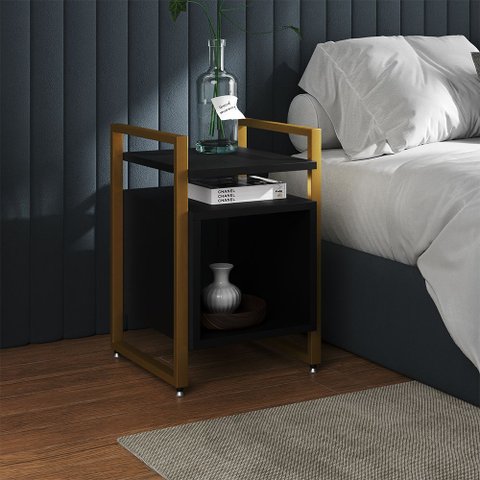 Mesa de Cabeceira Industrial Marrocos Ferro Dourado e Tampo Preto