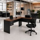 Ver imagem 1 de Mesa de Escritório em L 120x60cm com 2 Gavetas + Cadeira de Escritório Ergonômica Reclinável