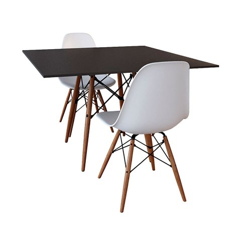 Conjunto de Mesa de Jantar Eames Eiffel Quadrada 90cm Tampo de Madeira Preto com 2 Cadeiras Brancas