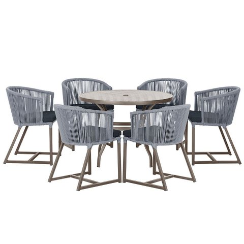 Mesa com 6 Cadeiras de Jantar Roma 120cm e Noronha em Alumínio Marrom Corda Náutica Estofado 12 Tram