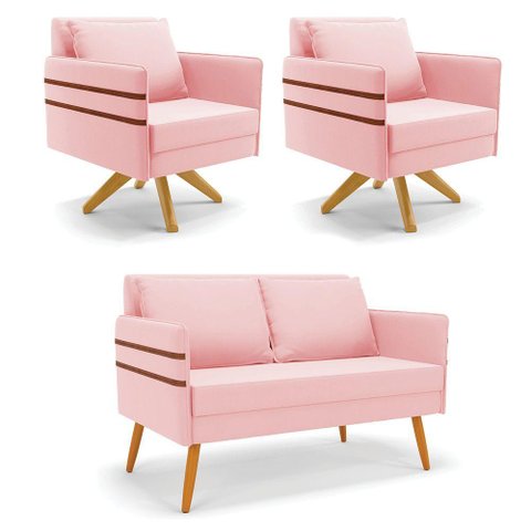 Kit 01 Namoradeira 02 Lugares e 02 Poltronas Mari Suede Rosa Bebê Base de Madeira Ma30 - D'Rossi