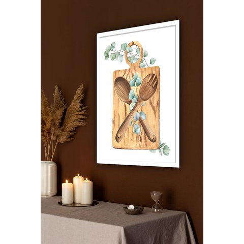 Quadro Decorativo Tábua Talher Folhas Cozinha - 70x50cm:moldura Branca