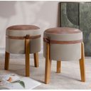 Ver imagem 2 de Puff Rest com Detalhes em Couro Moderno Redondo com Pés em Madeira Maciça - Bege com Marrom